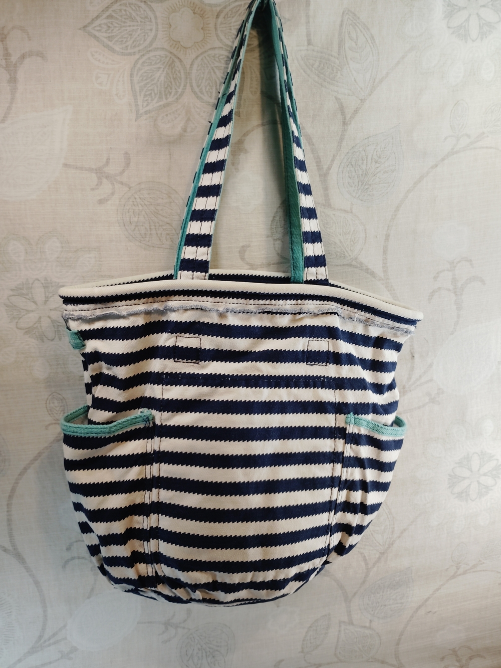 thirty-one Black and White Striped Shoulder Tote with Teal Trim